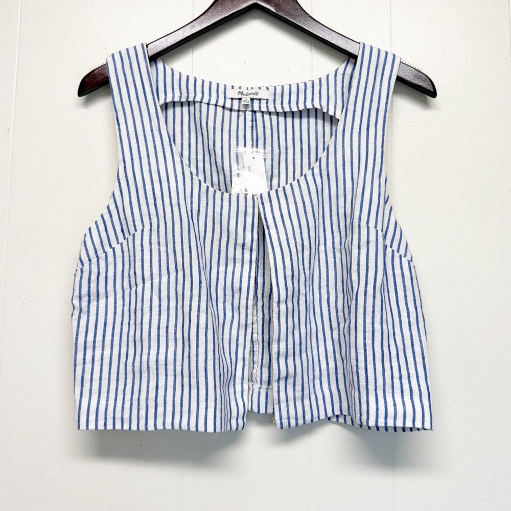 NWT MADEWELL Scoop Neck Crop Tank 100% Linen Sleeveless Blue White Size 6 - Picture 3 of 7